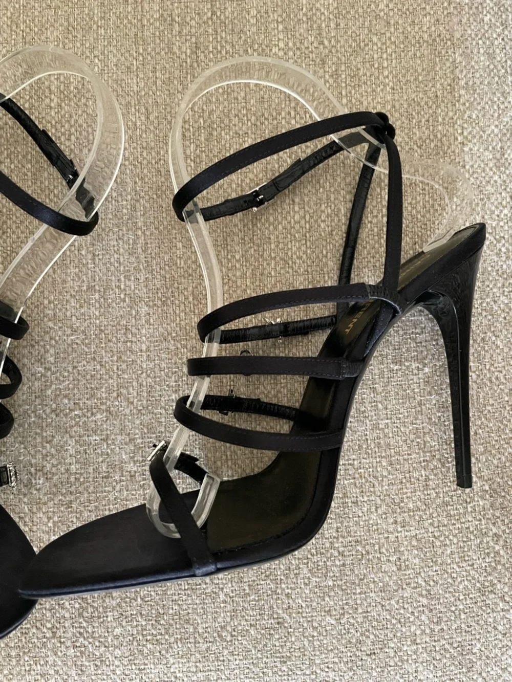 Saint Laurent Jerry Sandals Black Satin Rhinestone YSL Heels EU39 US9 NIB - Picture 10 of 16